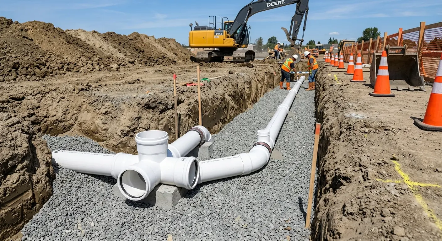 New PVC sewer pipe installation in open trench for Sewer Backup in DeLand