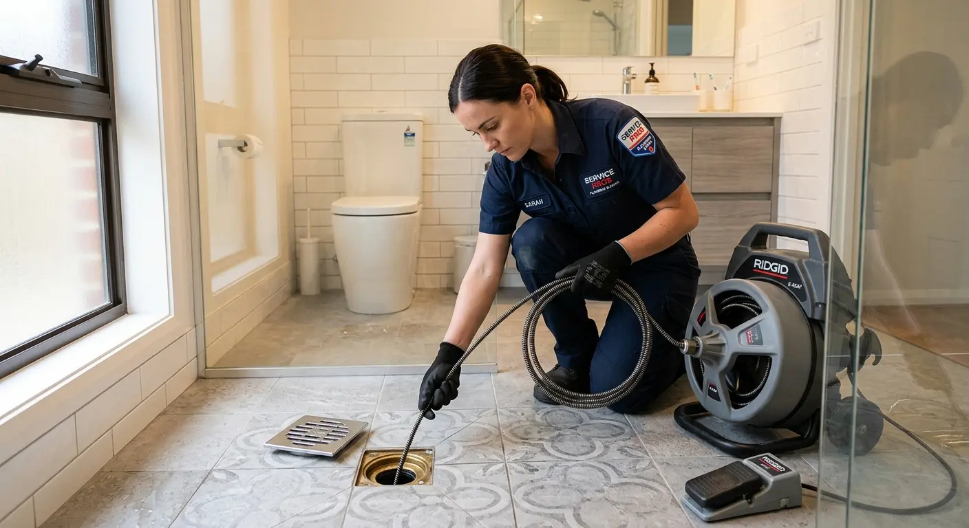 Technician clearing a bathroom floor drain for Hydro Jetting in DeLand